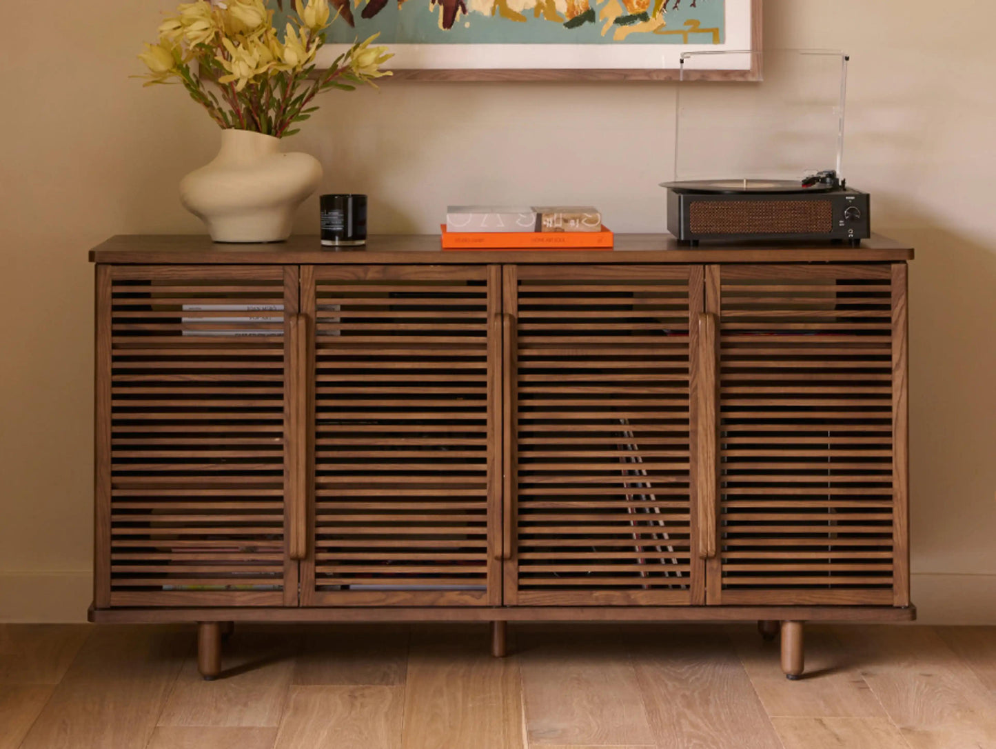 Mid-Century Modern Slatted Media Console – Solid Wood Storage Cabinet