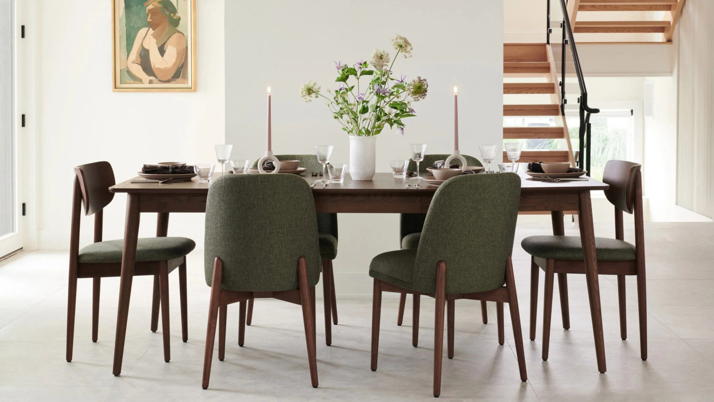 Walnut Finish Dining Set with Olive Green Upholstered Chairs